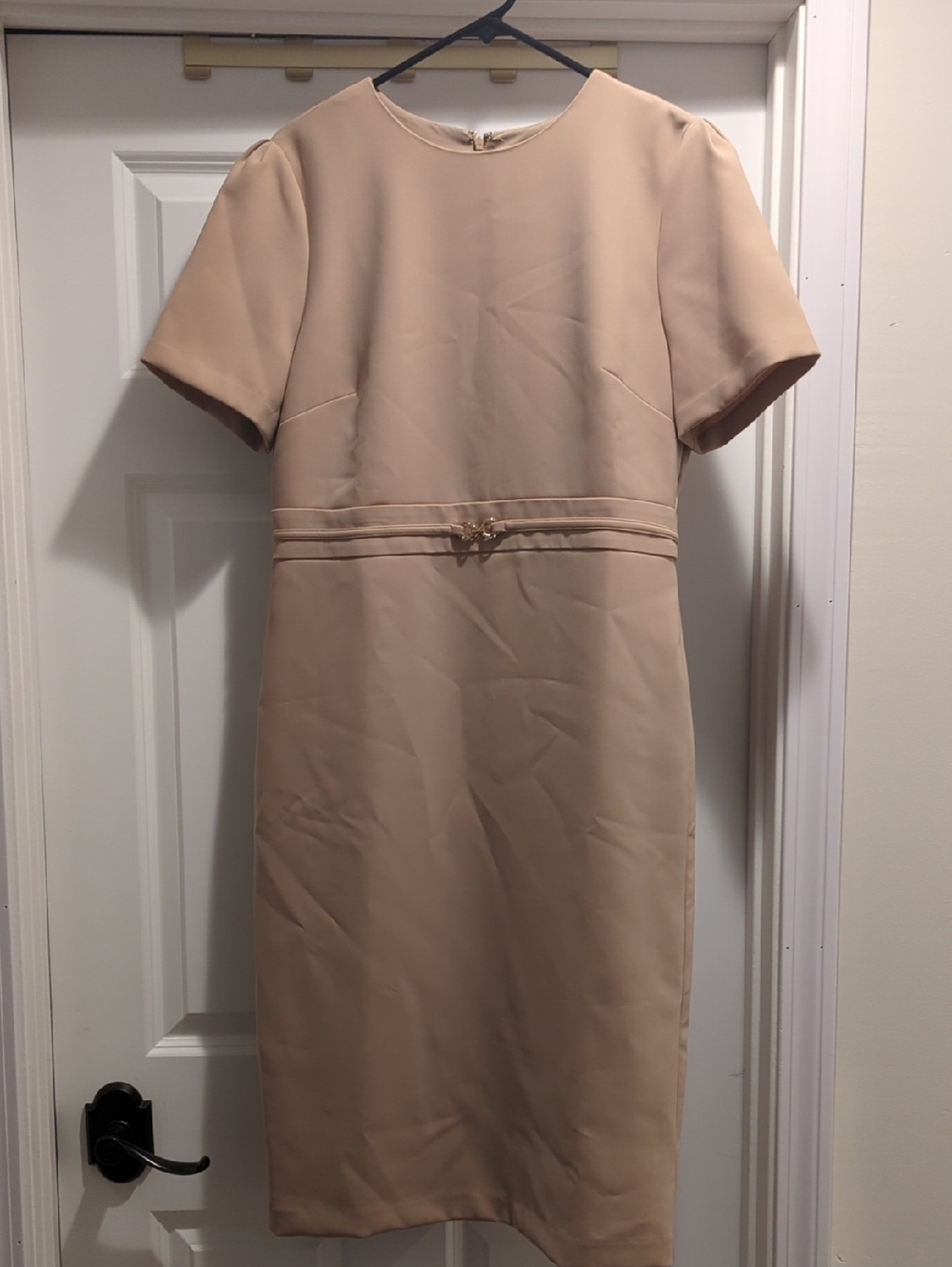 Ann Taylor Beige Midi Sheath Dress with Waist Trim